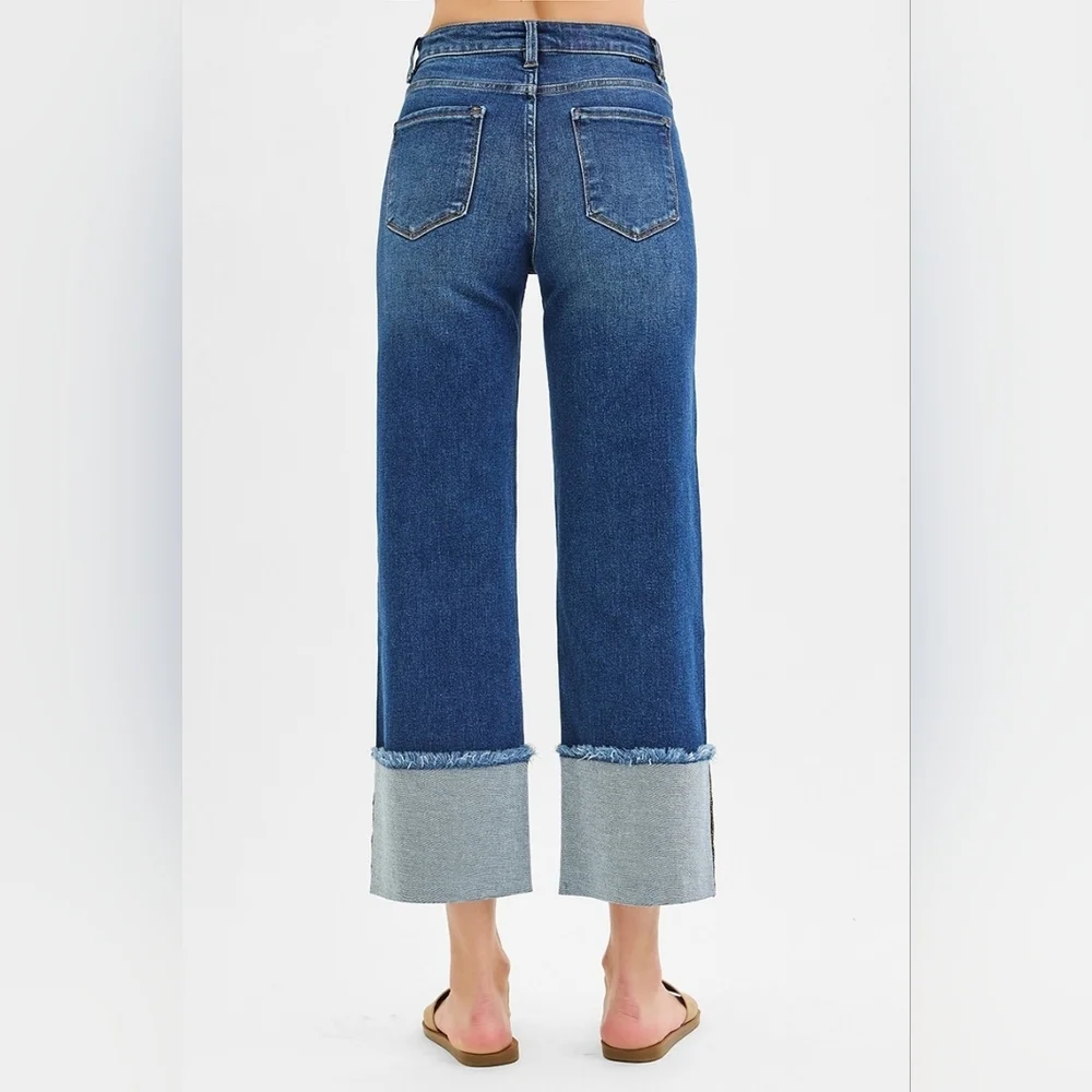 Risen Mid Rise Dark Wash Slim Wide Leg Wide Cuff Denim Jeans Stretch Various NEW - Picture 8 of 11